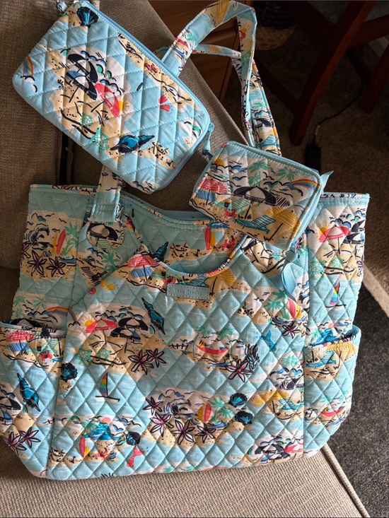 Vera Bradley Handbags - Vera Bradley Light Blue Quilted Beach-Print Tote with Matching Pouches